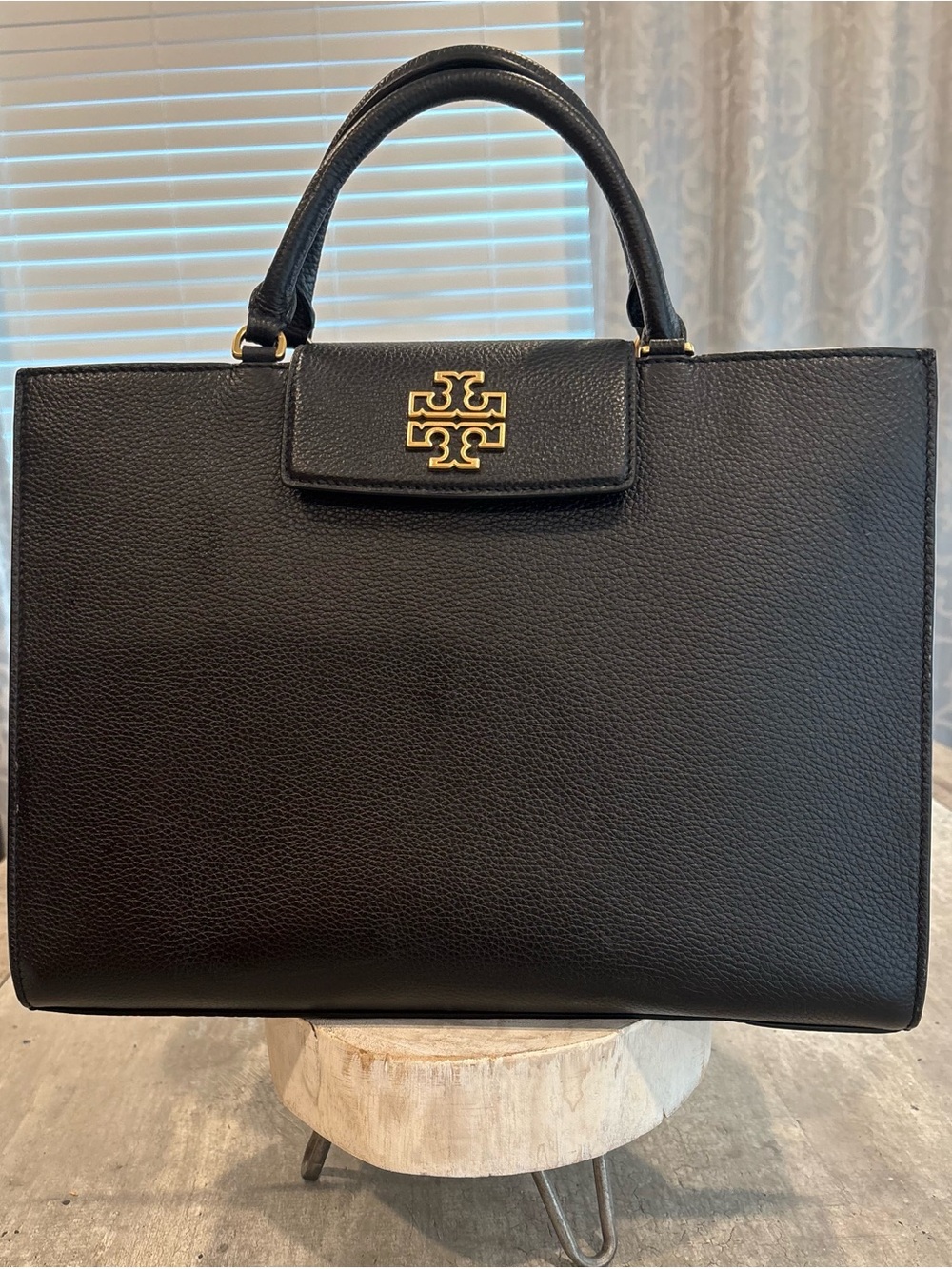 Tory Burch Black Pebbled Leather Satchel with Gold Logo